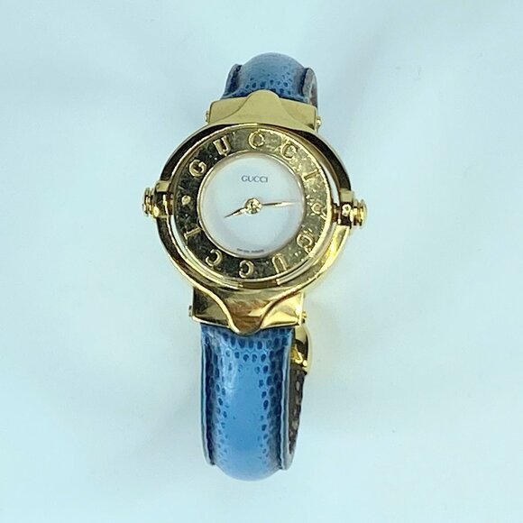 GUCCI Turn Face Quartz  Gold Blue Leather Round Analog Women's New battery GS162 - Picture 1 of 9